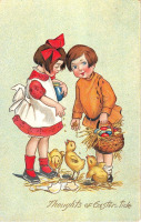 Ретро открытки - Дети, цыплята и пасхальная корзина