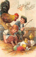 Ретро открытки - Пасхальные поздравления, Дети и куры с цыплятами