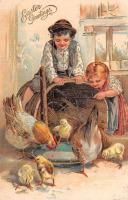 Ретро открытки - Пасхальные поздравления, Дети и кормление цыплят