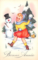 Ретро открытки - Новый год, Девочка и Снеговик