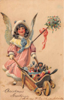 Ретро открытки - С Рождеством, Ангел и коляска с игрушками