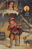 Ретро открытки - С Новым Годом, Мальчик с копьём и рожком