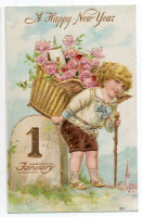 Ретро открытки - С Новым Годом, Ангел с цветочной корзинкой