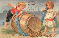 Ретро открытки - Новогодние поздравления, Дети с бочкой золотых монет