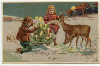 Ретро открытки - Дети, рождественская ёлка и олени
