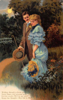Ретро открытки - Романтические поздравления, Девушка в голубом платье и кавалер