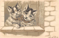 Ретро открытки - Пол Финкенрат. Две кошки с бантиком у окна