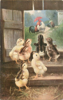 Ретро открытки - Цыплята в курятнике и куры под зонтом