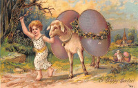 Ретро открытки - Счастливой Пасхи. Мальчик с овечкой и пасхальные яйца