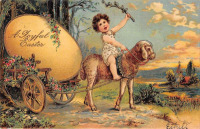 Ретро открытки - Радостной Пасхи. Мальчик и овечка с повозкой