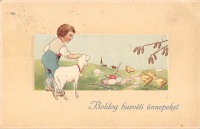Ретро открытки - С Пасхой. Мальчик с овечкой и пасхальные цыплята