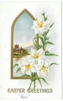 Ретро открытки - Пасхальные поздравления. Белые лилии и деревенская церковь