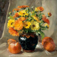Ретро открытки - Календула в чёрной с узором вазе и апельсины