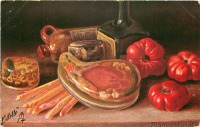 Ретро открытки - Фриц Хильдебранд. Спаржа, ветчина, помидоры и бутылка вина