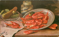 Ретро открытки - Фриц Хильдебранд. Креветки в серебряном блюде и соленые огурцы
