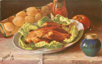 Ретро открытки - Фриц Хильдебранд. Жареная курица, зелёный салат и настойка с фруктами