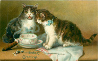 Ретро открытки - День рождения. Два котёнка, чашка с блюдцем и сигара