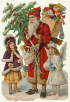 Ретро открытки - Рождество. Санта-Клаус с подарками и девочки