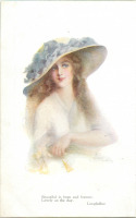 Ретро открытки - Девушка в шляпе с голубой лентой