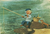 Ретро открытки - Рыболов с собачкой.