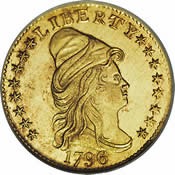 Старинные деньги (бумажные, монеты) - Аверс золотой монеты в 2,5 доллара 1796 года