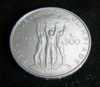 Старинные деньги (бумажные, монеты) - 500 лир 1984 Италия Олимпия и Атланты серебро
