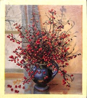 Пресса - Ветки с красными ягодами в голубой вазе