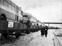 Железная дорога (поезда, паровозы, локомотивы, вагоны) - Состав с автобусами ЗИС-155 перед отправкой на целинные земли