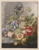 Картины - Натюрморт с цветами , фруктами, птицей и мышью