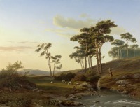 Картины - Пасторальный пейзаж с пастухом у ручья и стадом овец