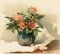 Картины - Розовый шиповник в синей вазе