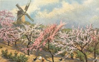 Картины - Цветущий сад и ветряная мельница