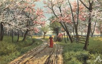 Картины - Женщина на дороге в цветущем саду