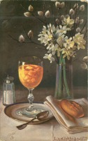 Картины - Натюрморт с бокалом яиц,булкой и нарциссами в вазе