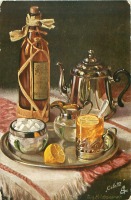 Картины - Натюрморт. Стакан чая с лимоном на подносе, бутылка и чайник