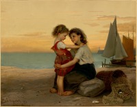 Картины - Дети рыбака на морском берегу на закате