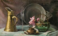 Картины - Латунный кувшин, блюдо и роза в зелёной вазе