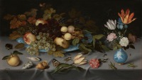 Картины - Натюрморт с цветами и фруктами на голубой скатерти