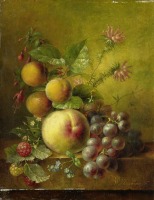 Картины - Натюрморт с фуксией, незабудками, ягодами и фруктами на столе