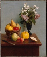 Картины - Натюрморт с сиренью в вазе и фруктами в корзине. Гиперреализм