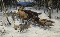 Картины - Картини  польських  художників.  Напад зграї вовків на санки.
