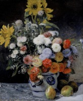 Картины - Огюст Ренуар. Летние цветы в керамической вазе и груши на столе