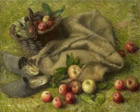 Картины - Генри Лероль. Корзина яблок и фрукты на траве
