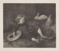 Картины - Спящий ребёнок, шляпа с ягодами и кролики