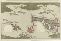 Картины - Японские дети, игра в снежки и снеговик