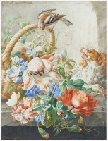 Картины - Натюрморт с цветами, птицей и собакой