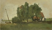 Картины - Пейзаж с фермой Тюльпан среди деревьев