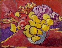 Картины - Жёлтые цветы и красная драпировка