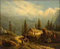 Картины - Неизвестный художник, Альпийский пейзаж с туристами