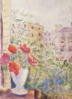 Картины - Мадлен Руар, Ваза с красными цветами у окна